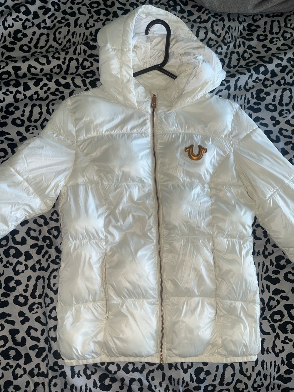 True Religion White Women's Hooded Puffer Jacket with Gold Logo